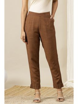 Aurelia - Brown Solid Rayon Flax Comfy Pants with Pockets