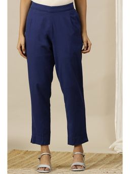 Aurelia - Blue Solid Cotton Flax Straight Fit Pants