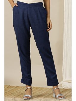 Aurelia - Blue Solid Rayon Flax Comfy Pants with Pockets