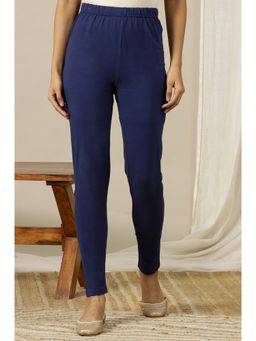 Aurelia - Blue Solid Cotton Lycra Stretchable Leggings In Midrise