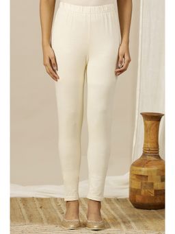 Aurelia - Seed Pearl Cream Solid Cotton Lycra Stretchable Leggings In Midrise