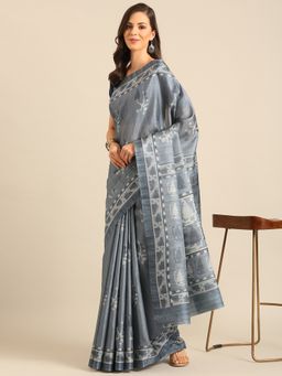 EXCLUSIVA - Grey Cotton Saree with Unstitched Blouse