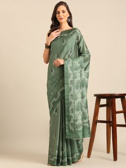 EXCLUSIVA - Green Cotton Saree with Unstitched Blouse