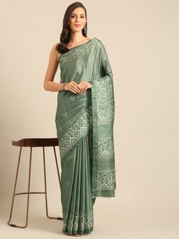 EXCLUSIVA - Green Cotton Saree with Unstitched Blouse