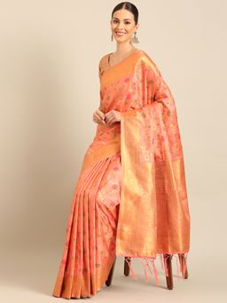 EXCLUSIVA - Peach Banarasi Silk Saree with Unstitched Blouse