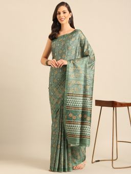 EXCLUSIVA - Green Cotton Saree with Unstitched Blouse