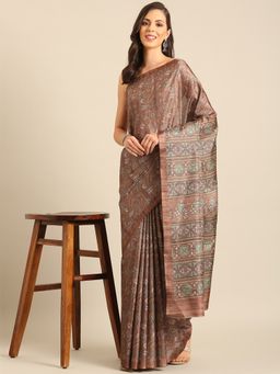 EXCLUSIVA - Brown Cotton Saree with Unstitched Blouse