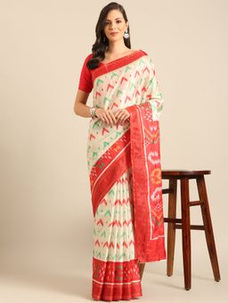 EXCLUSIVA - Cream Cotton Patola Saree with Unstitched Blouse