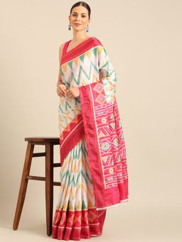 EXCLUSIVA - White Cotton Patola Saree with Unstitched Blouse