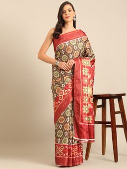 EXCLUSIVA - Brown Cotton Patola Saree with Unstitched Blouse