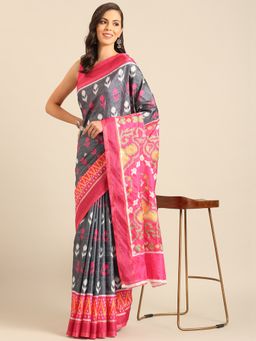 EXCLUSIVA - Grey Cotton Patola Saree with Unstitched Blouse