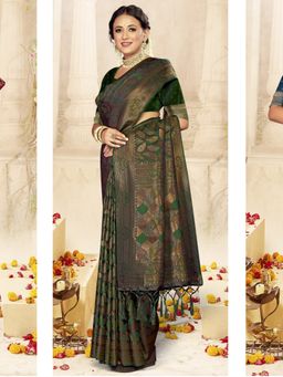 EXCLUSIVA - Green Satin Silk Saree with Unstitched Blouse
