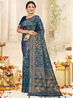 EXCLUSIVA - Blue Satin Silk Saree with Unstitched Blouse