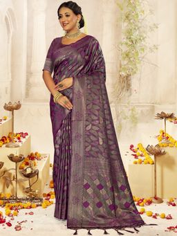 EXCLUSIVA - Purple Satin Silk Saree with Unstitched Blouse
