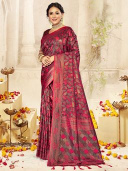 EXCLUSIVA - Pink Satin Silk Saree with Unstitched Blouse