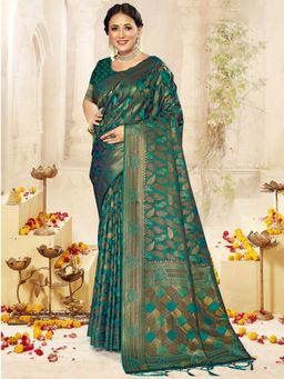 EXCLUSIVA - Green Satin Silk Saree with Unstitched Blouse