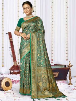 EXCLUSIVA - Green Satin Silk Saree with Unstitched Blouse