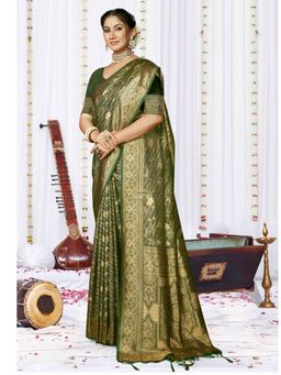 EXCLUSIVA - Green Satin Silk Saree with Unstitched Blouse