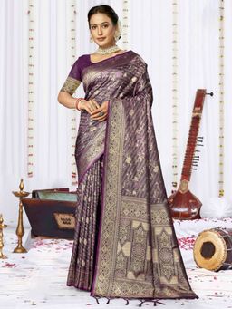 EXCLUSIVA - Purple Satin Silk Saree with Unstitched Blouse