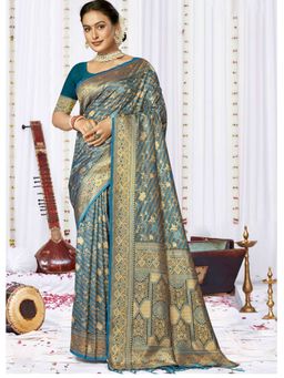 EXCLUSIVA - Blue Satin Silk Saree with Unstitched Blouse