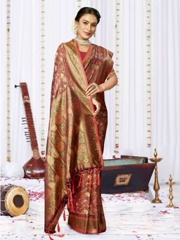 EXCLUSIVA - Red Satin Silk Saree with Unstitched Blouse