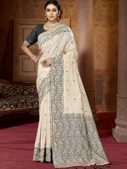 EXCLUSIVA - Cream Cotton Digital Print Saree with Unstitched Blouse