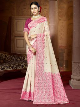EXCLUSIVA - Cream Cotton Digital Print Saree with Unstitched Blouse