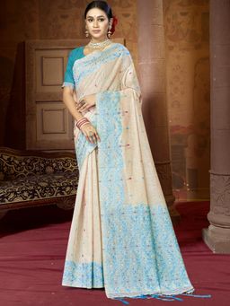 EXCLUSIVA - Cream Cotton Digital Print Saree with Unstitched Blouse