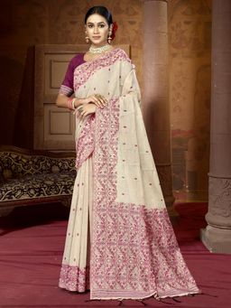 EXCLUSIVA - Cream Cotton Digital Print Saree with Unstitched Blouse