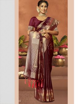 EXCLUSIVA - Maroon Satin Silk Woven Saree with Unstitched Blouse