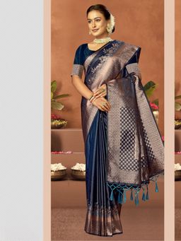 EXCLUSIVA - Blue Satin Silk Woven Saree with Unstitched Blouse