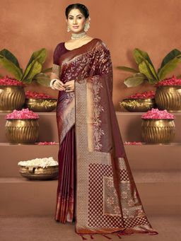 EXCLUSIVA - Maroon Satin Silk Woven Saree with Unstitched Blouse
