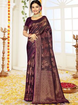 EXCLUSIVA - Purple Satin Silk Saree with Unstitched Blouse