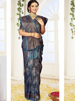 EXCLUSIVA - Blue Satin Silk Saree with Unstitched Blouse