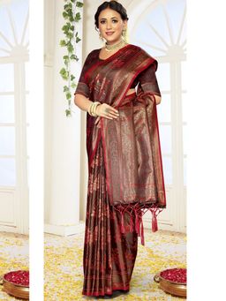 EXCLUSIVA - Maroon Satin Silk Saree with Unstitched Blouse