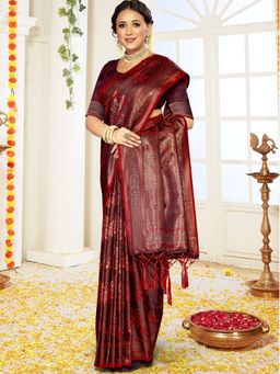 EXCLUSIVA - Red Satin Silk Saree with Unstitched Blouse