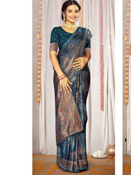 EXCLUSIVA - Blue Satin Silk Woven Saree with Unstitched Blouse