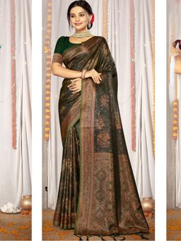 EXCLUSIVA - Green Satin Silk Woven Saree with Unstitched Blouse