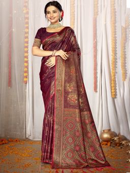 EXCLUSIVA - Wine Satin Silk Woven Saree with Unstitched Blouse