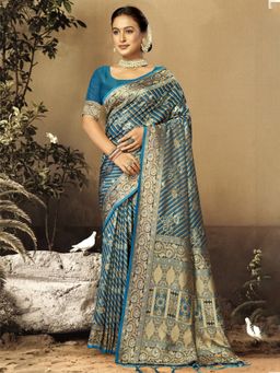 EXCLUSIVA - Blue Satin Silk Saree with Unstitched Blouse