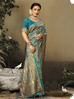 EXCLUSIVA - Sky Blue Satin Silk Saree with Unstitched Blouse