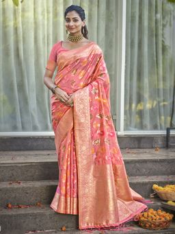EXCLUSIVA - Peach Woven Organza Saree with Unstitched Blouse