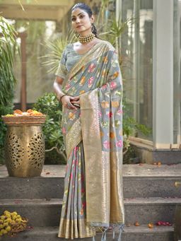 EXCLUSIVA - Grey Woven Organza Saree with Unstitched Blouse