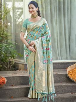 EXCLUSIVA - Blue Woven Organza Saree with Unstitched Blouse