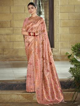 EXCLUSIVA - Pink Floral Silk Saree with Unstitched Blouse