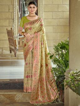 EXCLUSIVA - Green Floral Silk Saree with Unstitched Blouse