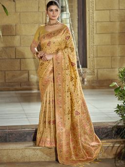 EXCLUSIVA - Gold Floral Silk Saree with Unstitched Blouse