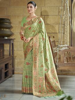 EXCLUSIVA - Green Floral Silk Saree with Unstitched Blouse