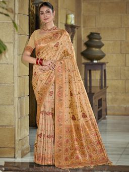 EXCLUSIVA - Beige Floral Silk Saree with Unstitched Blouse
