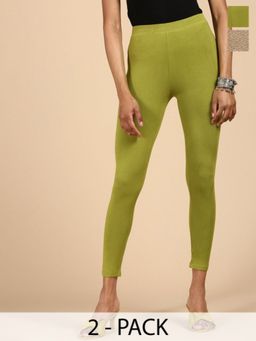 De Moza - Golden Beige and Green Ankle Length Leggings Solid Viscose (Pack of 2)